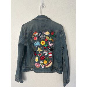 Levi Strauss & Co Denim Jean Jacket Customized Patchwork on Back Size Large
